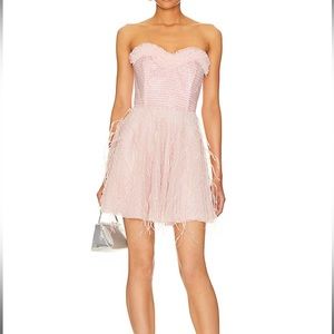 Loveshackfancy Marvella strapless feather-trimmed tulle mini dress size 4